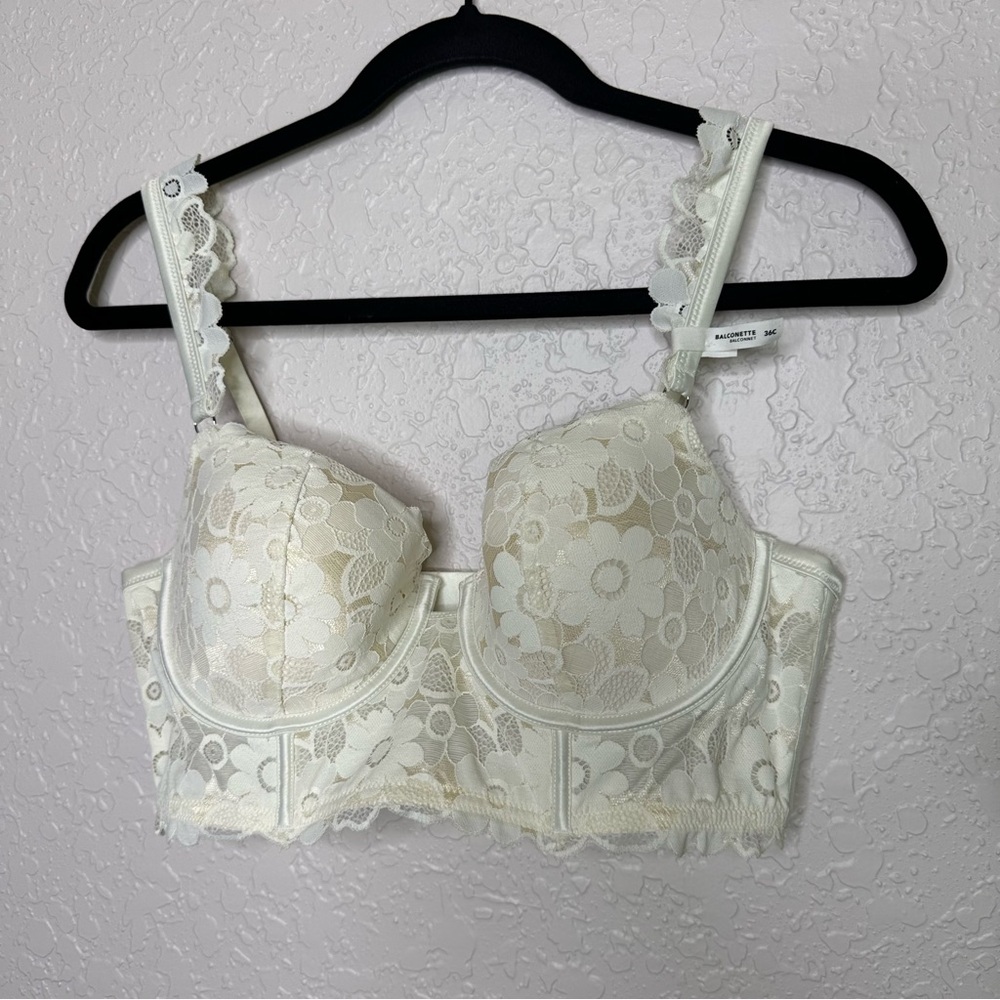 Aerie White Lace Longline Bra with Floral Overlay Size 38C